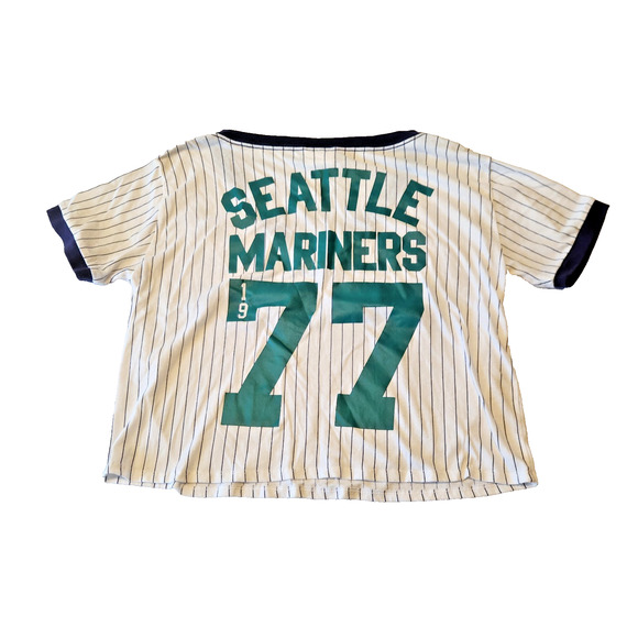 Seattle Mariners MLB Pinstripe Glittery V Neck Crop Top Jersey Shirt Women's S - Picture 5 of 5